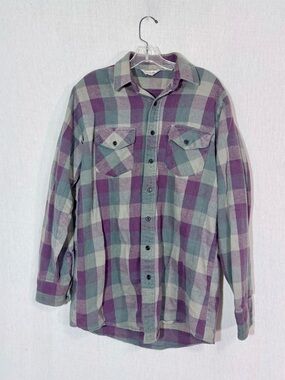 Winter Run M/L Plaid Flannel Button-Up Shirt in Purple green and Gray